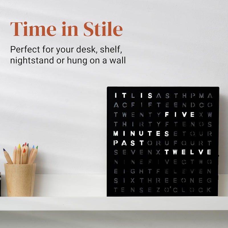 Stiles Word Clock, 8" by 8" Modern LED Desk Clock with USB Cable, Aluminum, Unique with Words, Contemporary, Living Room, Bedroom, Home, or Office Lightup Decor, Gift Item, Black - Image 3